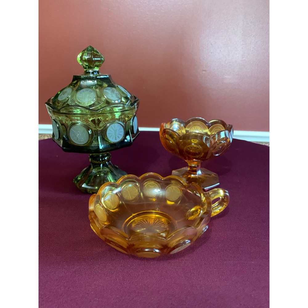 Fostoria Coin Glass Set Green Amber Vintage Retro Y2K Mid Century Rare 3pc